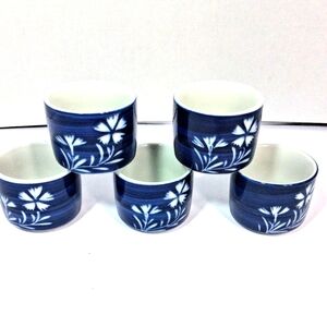 Set Of 5 Japan National Silver Company Etched Blue  & White Saki/Tea Cups.